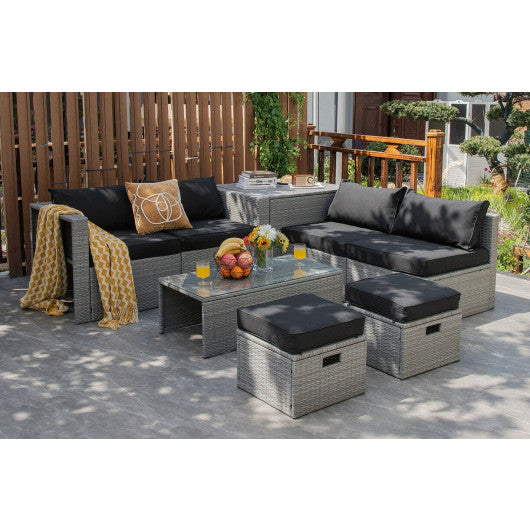 8 Pieces Patio Rattan Furniture Set with Storage Waterproof Cover and Cushion-Black