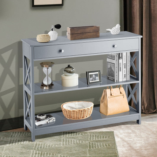 Console Table 3-Tier with Drawer and Storage Shelves-Gray