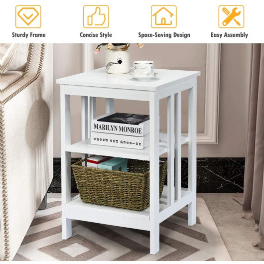 2 Pieces 3-Tier Nightstand with Reinforced Bars and Stable Structure-White