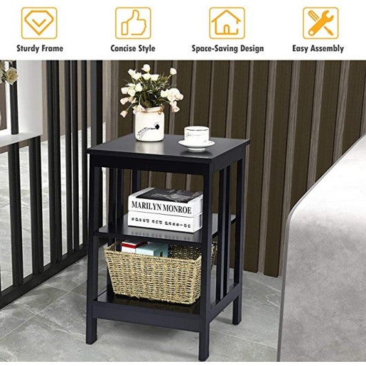 2 Pieces 3-Tier Nightstand with Reinforced Bars and Stable Structure-Black