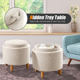 Round Fabric Storage Ottoman with Tray and Non-Slip Pads for Bedroom-Beige