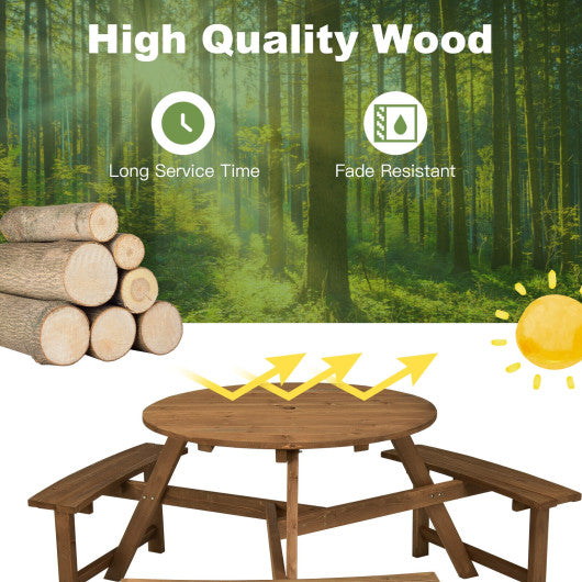 6-person Round Wooden Picnic Table with Umbrella Hole and 3 Built-in Benches-Dark Brown