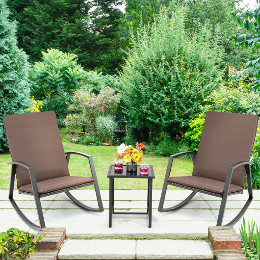 3 Pieces Patio Rattan Rocking Furniture Set-Brown