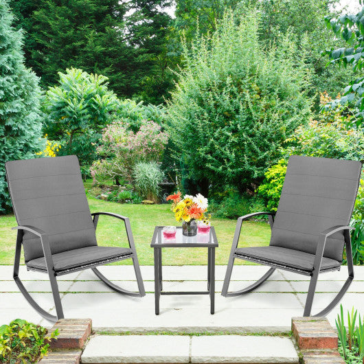 3 Pieces Patio Rattan Rocking Furniture Set-Gray