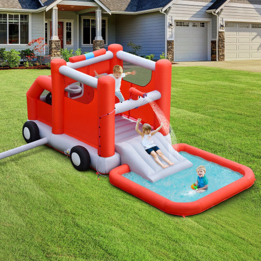 Fire Truck Themed Inflatable Castle Water Park Kids Bounce House without Blower