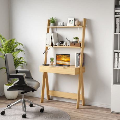 Ladder Shelf Desk Bookcase with Countertop  Drawer and 2 Shelves-Natural