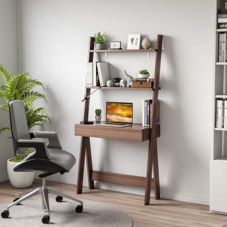 Ladder Shelf Desk Bookcase with Countertop  Drawer and 2 Shelves-Walnut