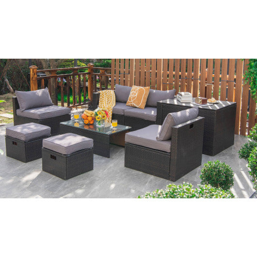 8 Pieces Patio Space-Saving Rattan Furniture Set with Storage Box and Waterproof Cover-Gray