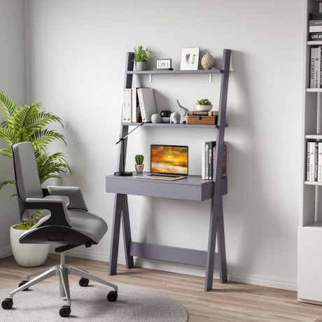 Ladder Shelf Desk Bookcase with Countertop  Drawer and 2 Shelves-Gray