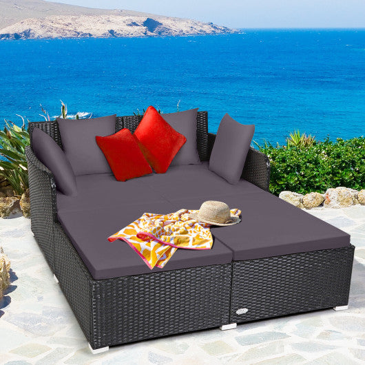 Spacious Outdoor Rattan Daybed with Upholstered Cushions and Pillows-Gray