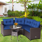 4 Pieces Patio Rattan Furniture Set Cushioned Sofa Glass Table-Navy