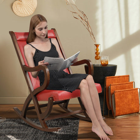 Modern Rocking Chair with PU Cushion and Rubber Wood Frame-Red