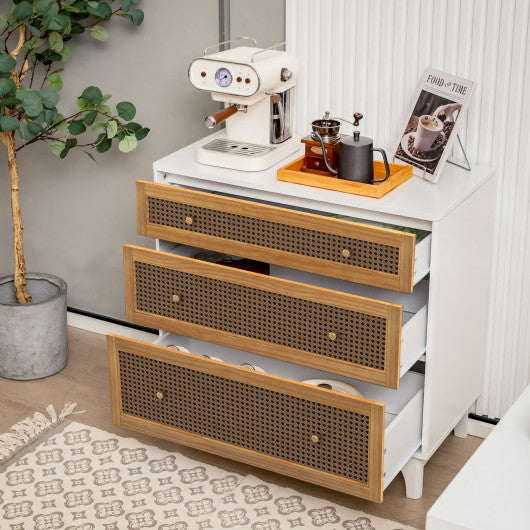 3-Drawer Rattan Dresser Chest with Anti-toppling Device-Brown
