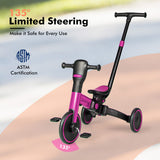 4-in-1 Kids Tricycle with Adjustable Parent Push Handle and Detachable Pedals-Pink