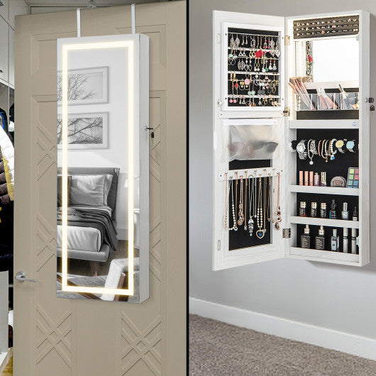 42.5 Inches Lockable Jewelry Mirror Wall Cabinet with 3-Color LED Lights-White