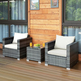 3 Pcs Patio Rattan Furniture Bistro Sofa Set with Cushioned-White