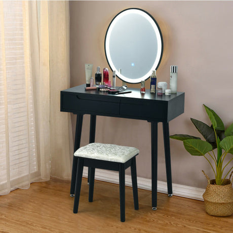 Touch Screen Vanity Makeup Table Stool Set with Lighted Mirror-Black