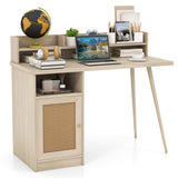 48 Inch Computer Desk with Hutch and PE Rattan Cabinet Shelves-Oak