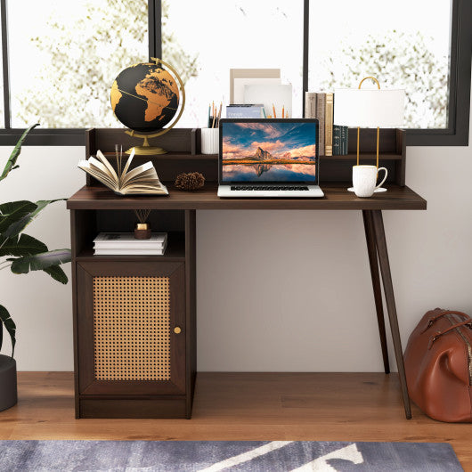 48 Inch Computer Desk with Hutch and PE Rattan Cabinet Shelves-Walnut