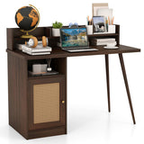 48 Inch Computer Desk with Hutch and PE Rattan Cabinet Shelves-Walnut