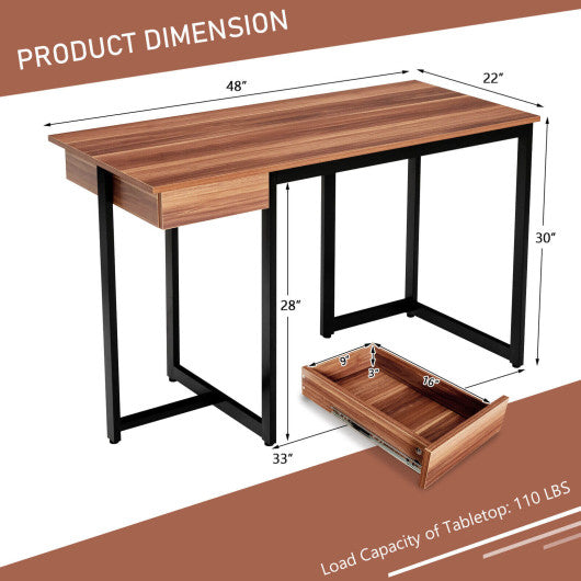 48" Computer Desk with Metal Frame and Adjustable Pads-Walnut