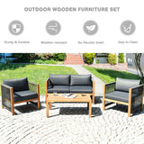 4 Pieces Acacia Wood Outdoor Patio Furniture Set with Cushions-Gray