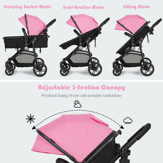 2-in-1 Foldable Pushchair Newborn Infant Baby Stroller-Pink