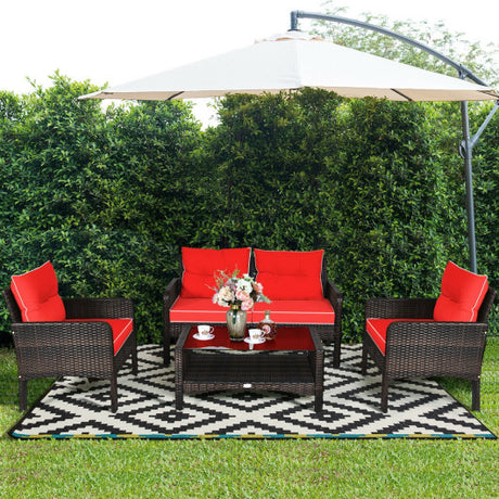 4 Pieces Outdoor Rattan Wicker Loveseat Furniture Set with Cushions-Red