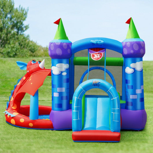 Kids Inflatable Bounce House Dragon Jumping Slide Bouncer Castle with 740W Blower