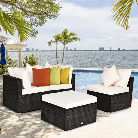 4 Pcs Ottoman Garden Deck Patio Rattan Wicker Furniture Set Cushioned Sofa-White