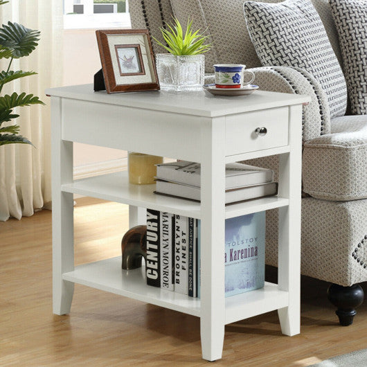 3-Tier Nightstand Bedside Table Sofa Side with Double Shelves Drawer-White
