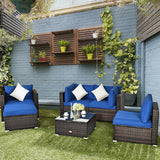 6 Pcs Patio Rattan Furniture Set with Sectional Cushion-Blue