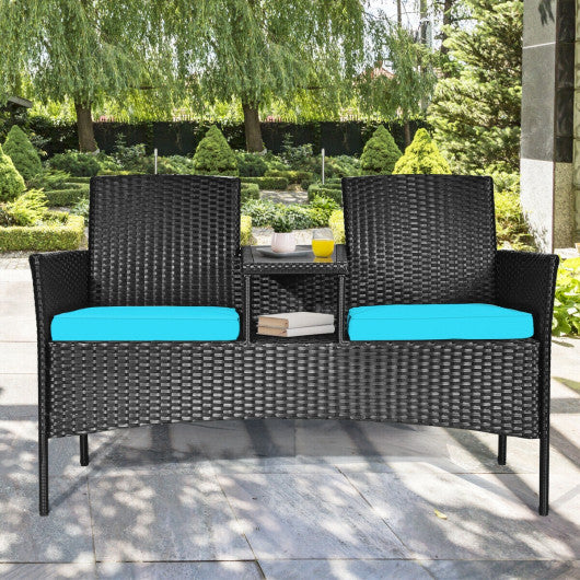 Wicker Patio Conversation Furniture Set with Removable Cushions and Table-Turquoise