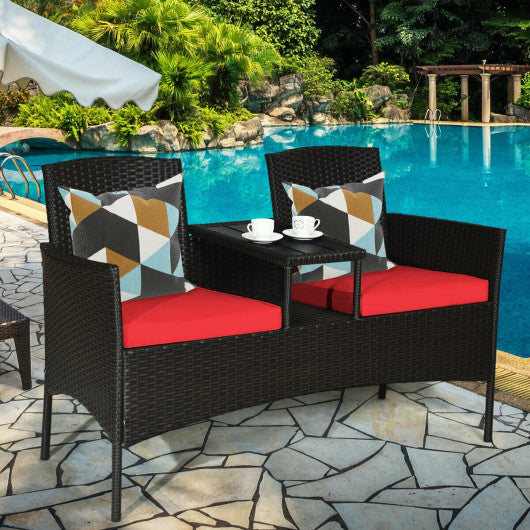 Modern Patio Conversation Set with Built-in Coffee Table and Cushions -Red