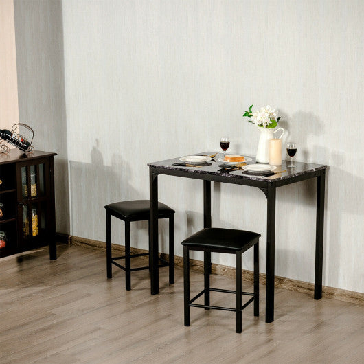 3 Piece Counter Height Dining Set Faux Marble Table-Black