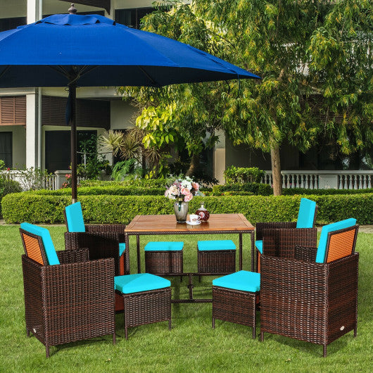 9 Pieces Patio Rattan Dining Cushioned Chairs Set-Turquoise