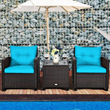 3 Pcs Patio Rattan Furniture Set Cushioned Conversation Set Coffee Table-Turquoise