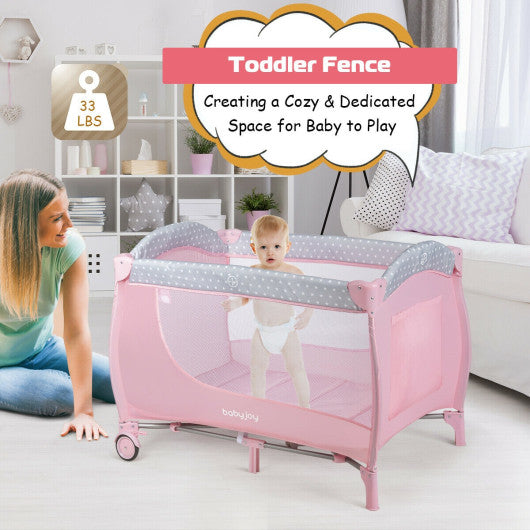 Foldable Safety  Baby Playard for Toddler Infant with Changing Station-Pink