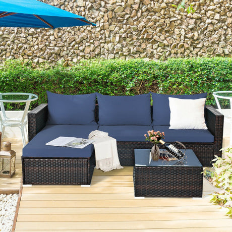 5 Pieces Patio Rattan Sectional Furniture Set with Cushions and Coffee Table -Navy