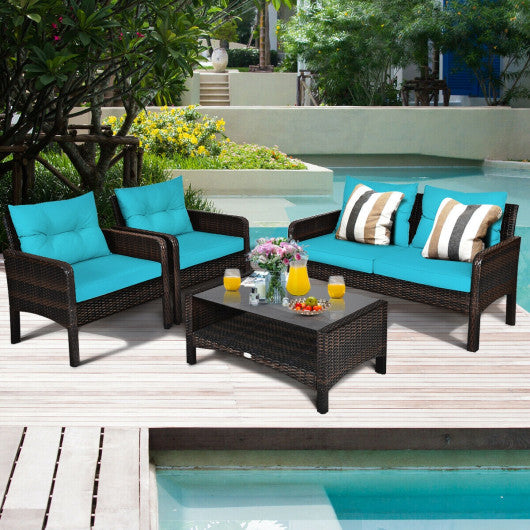 4 Pieces Outdoor Rattan Wicker Loveseat Furniture Set with Cushions-Turquoise