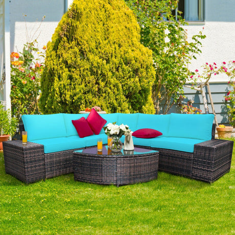 6 Piece Wicker Patio Sectional Sofa Set with Tempered Glass Coffee Table-Turquoise