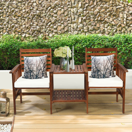 3 pcs Outdoor Patio Table Chairs Set Acacia Wood Loveseat-White