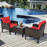 3 Pcs Outdoor Patio Rattan Conversation Set with Seat Cushions-Red