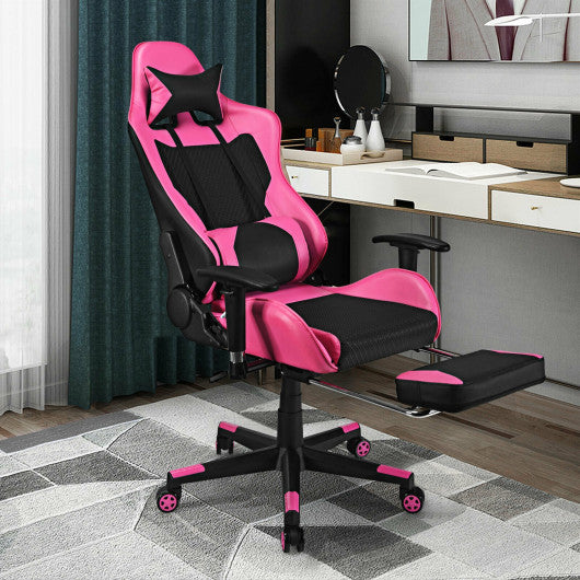 PU Leather Gaming Chair with USB Massage Lumbar Pillow and Footrest -Pink