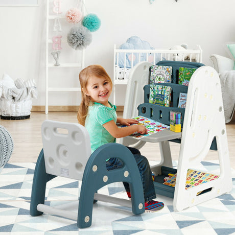 2-in-1 Kids Easel Desk Chair Set Book Rack Adjustable Art Painting Board-Blue
