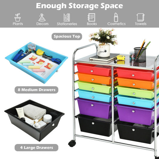 12 Drawers Rolling Cart Storage Scrapbook Paper Organizer Bins-Deep Multicolor