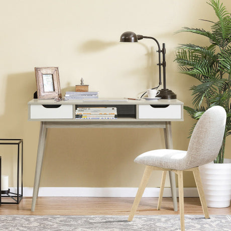 Stylish Computer Desk Workstation with 2 Drawers and Solid Wood Legs-Oak