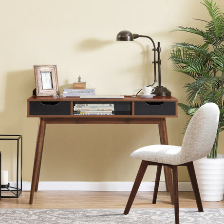 Stylish Computer Desk Workstation with 2 Drawers and Solid Wood Legs-Walnut