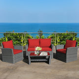 4 Pieces Patio Rattan Furniture Set Sofa Table with Storage Shelf Cushion-Red