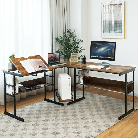 L-Shaped Computer Desk with Tiltable Tabletop-Rustic Brown